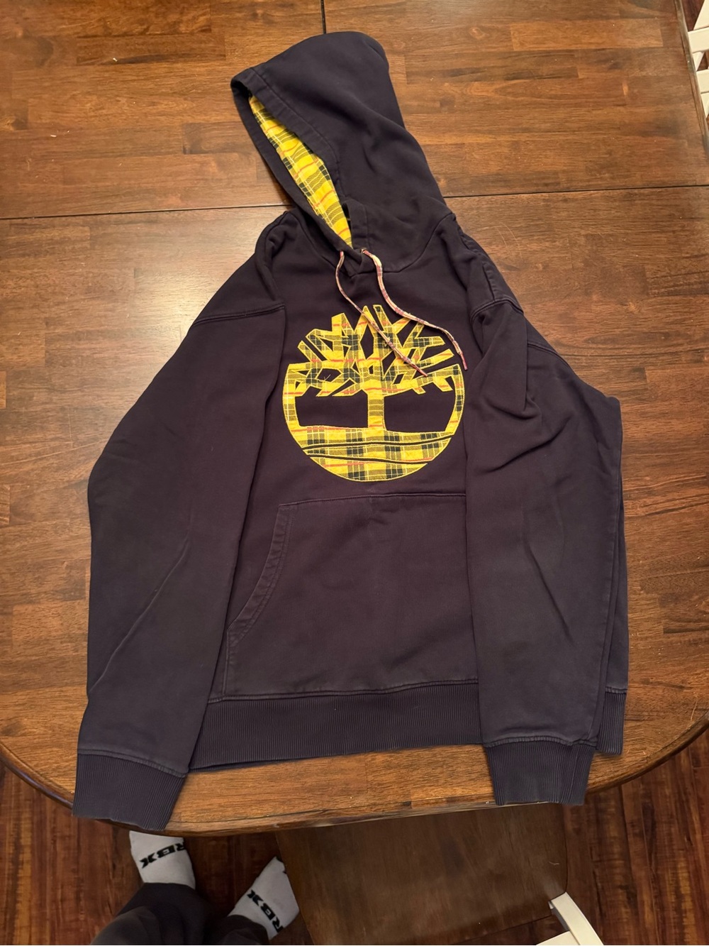 Timberland Navy Hoodie with Yellow Plaid Tree Emblem